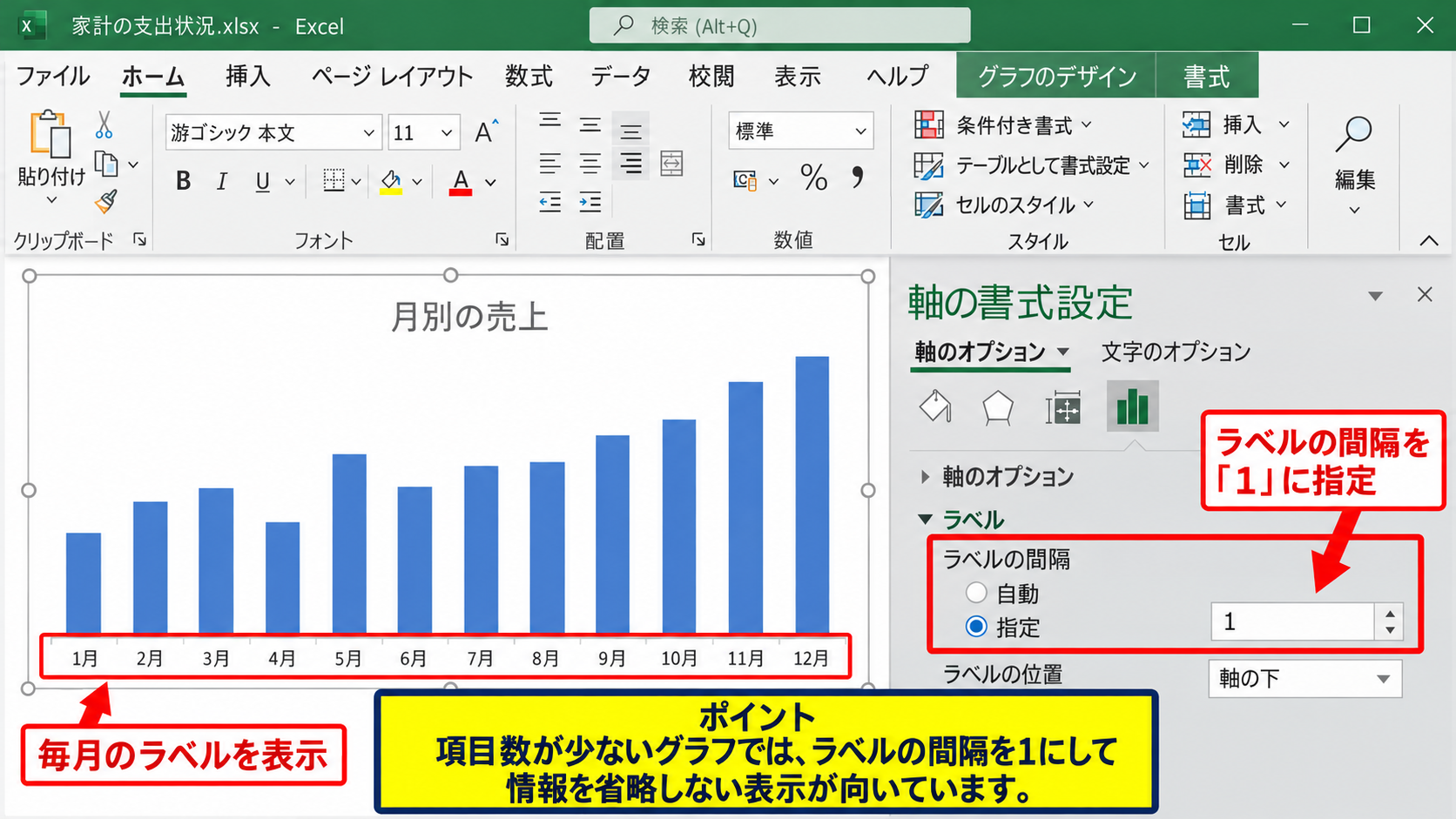 横軸ラベルをすべて表示する設定 - ラベルの間隔を一に変更する操作