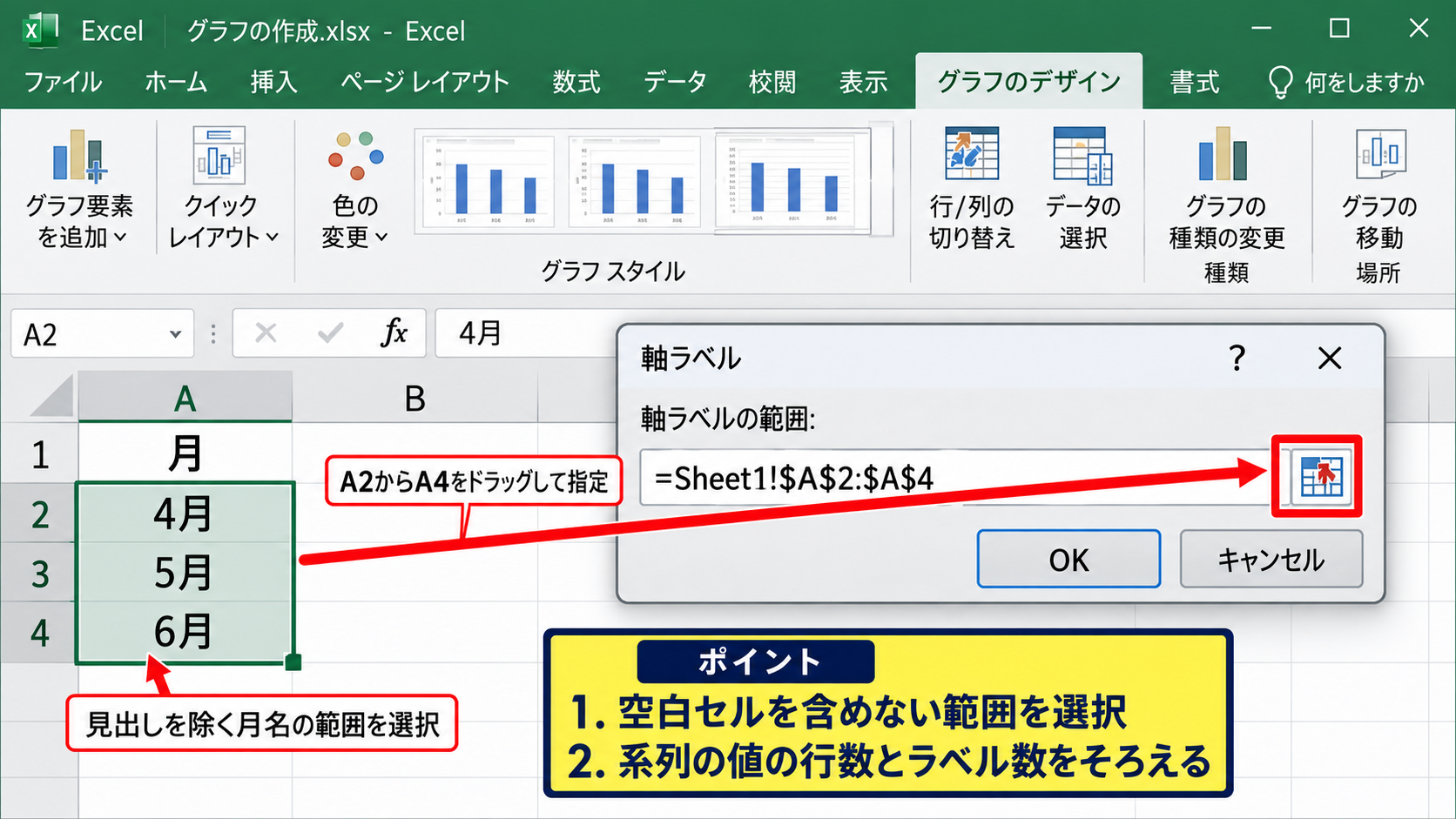 エクセルでグラフの軸ラベルを編集する方法【横軸ラベルの範囲を指定】 - 横軸ラベル範囲の入力