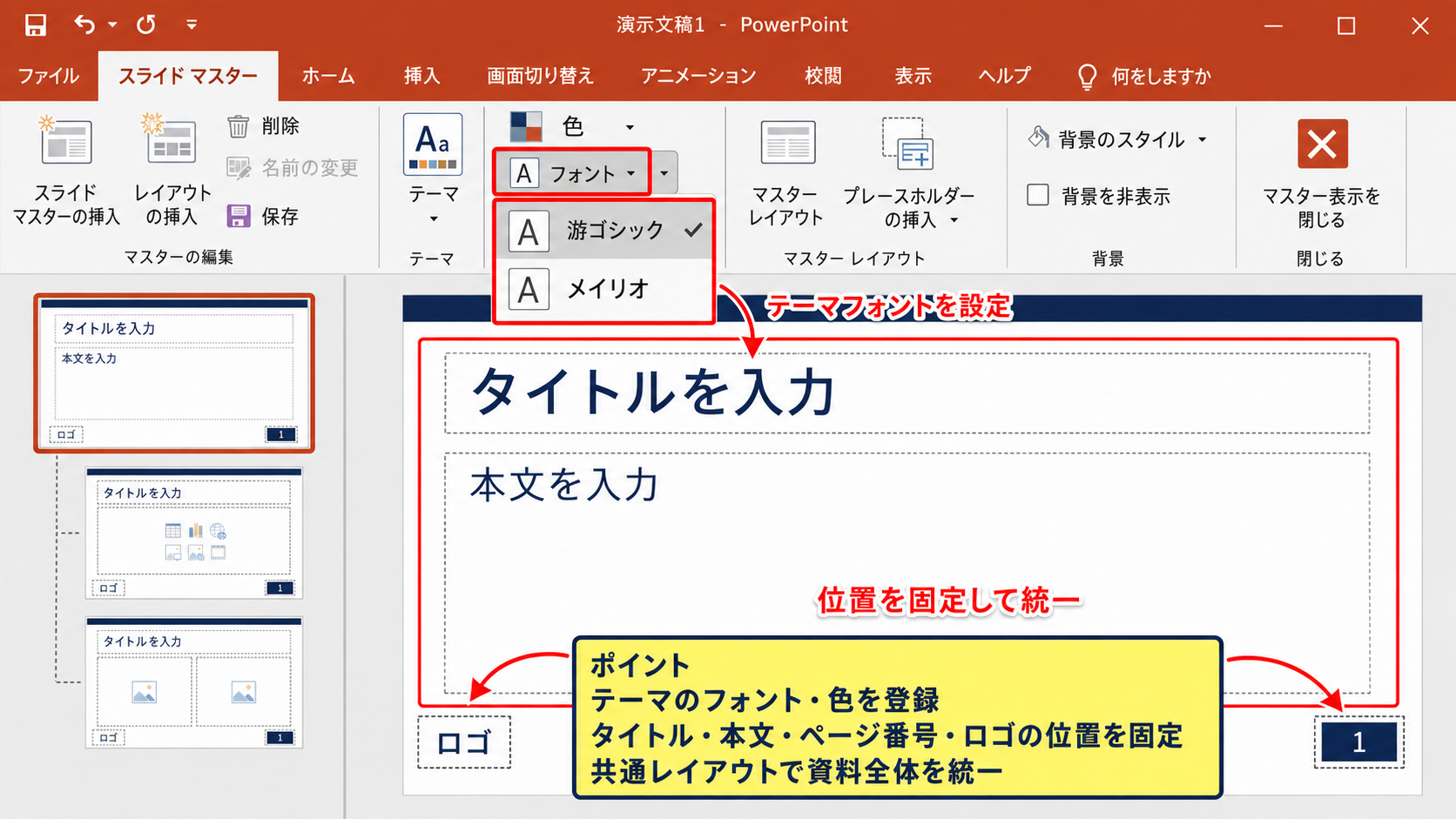 スライドマスターによるデザイン統一