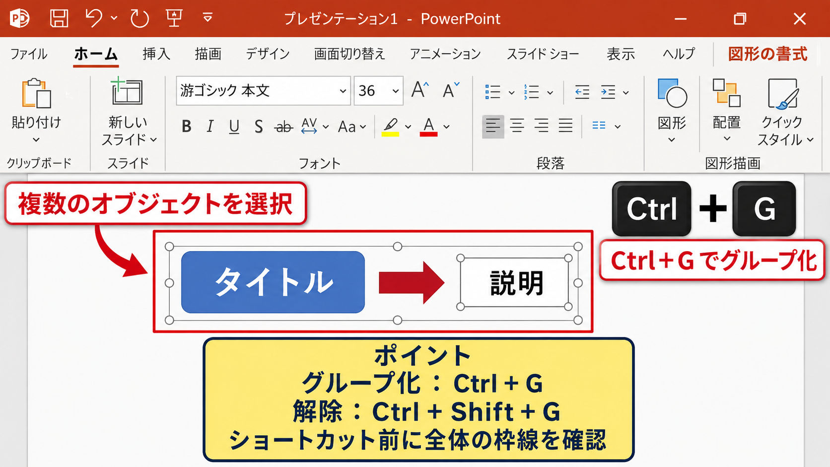 ショートカットキーによるグループ化と解除