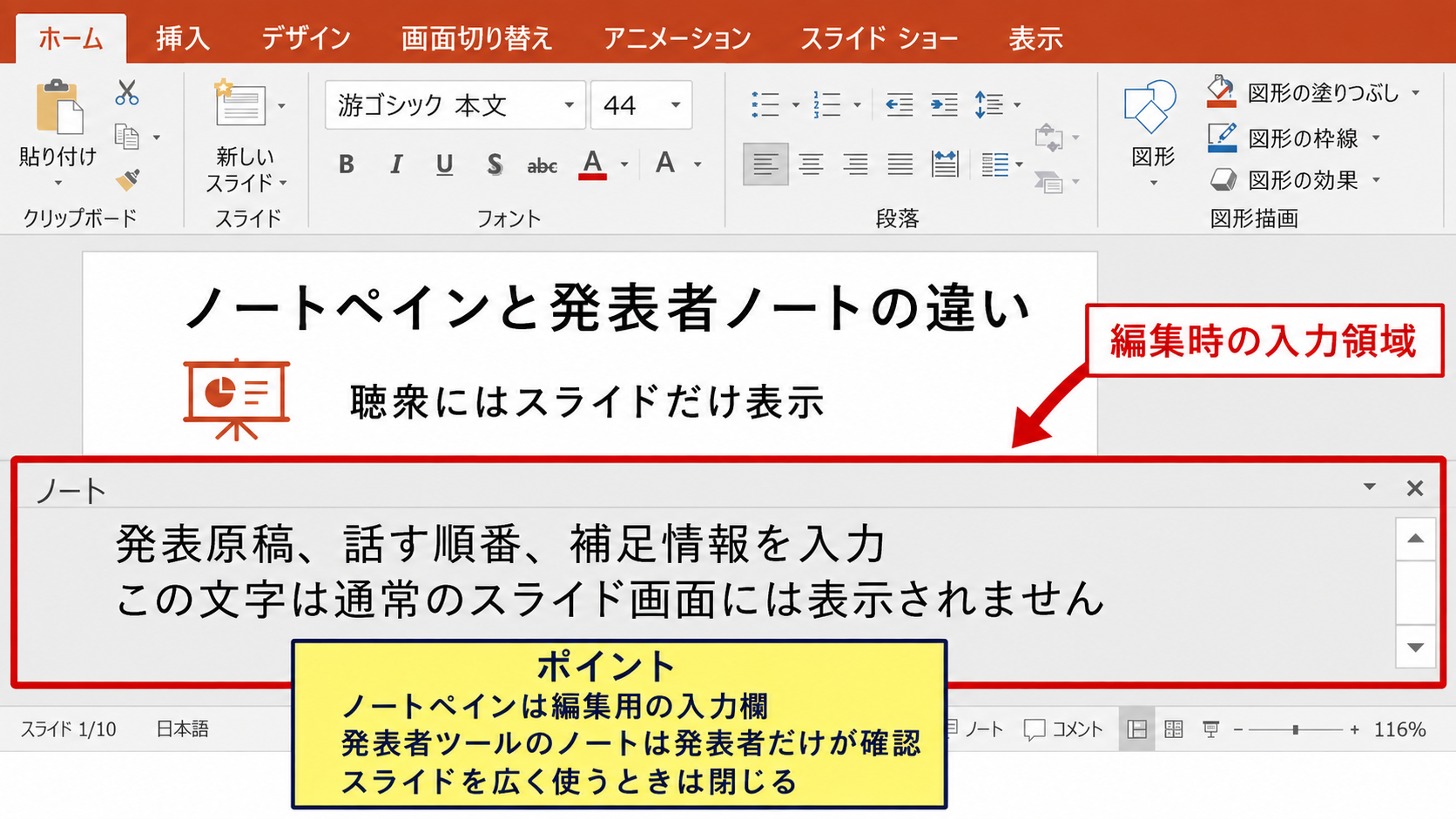ノートペインと発表者ノートの違い【表示場所ごとの役割】