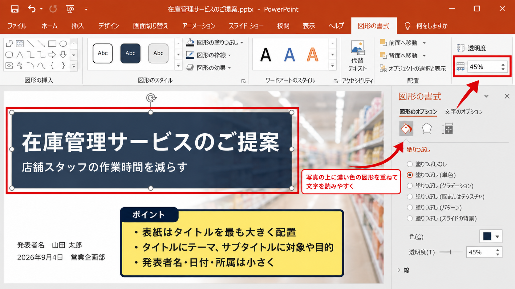 表紙と結論スライドの作成