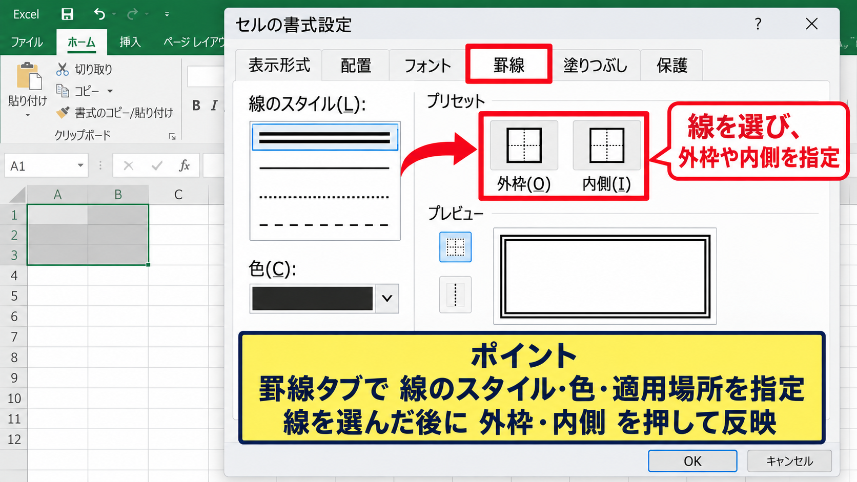 セルの書式設定による線種と太さ - セルの書式設定画面の表示