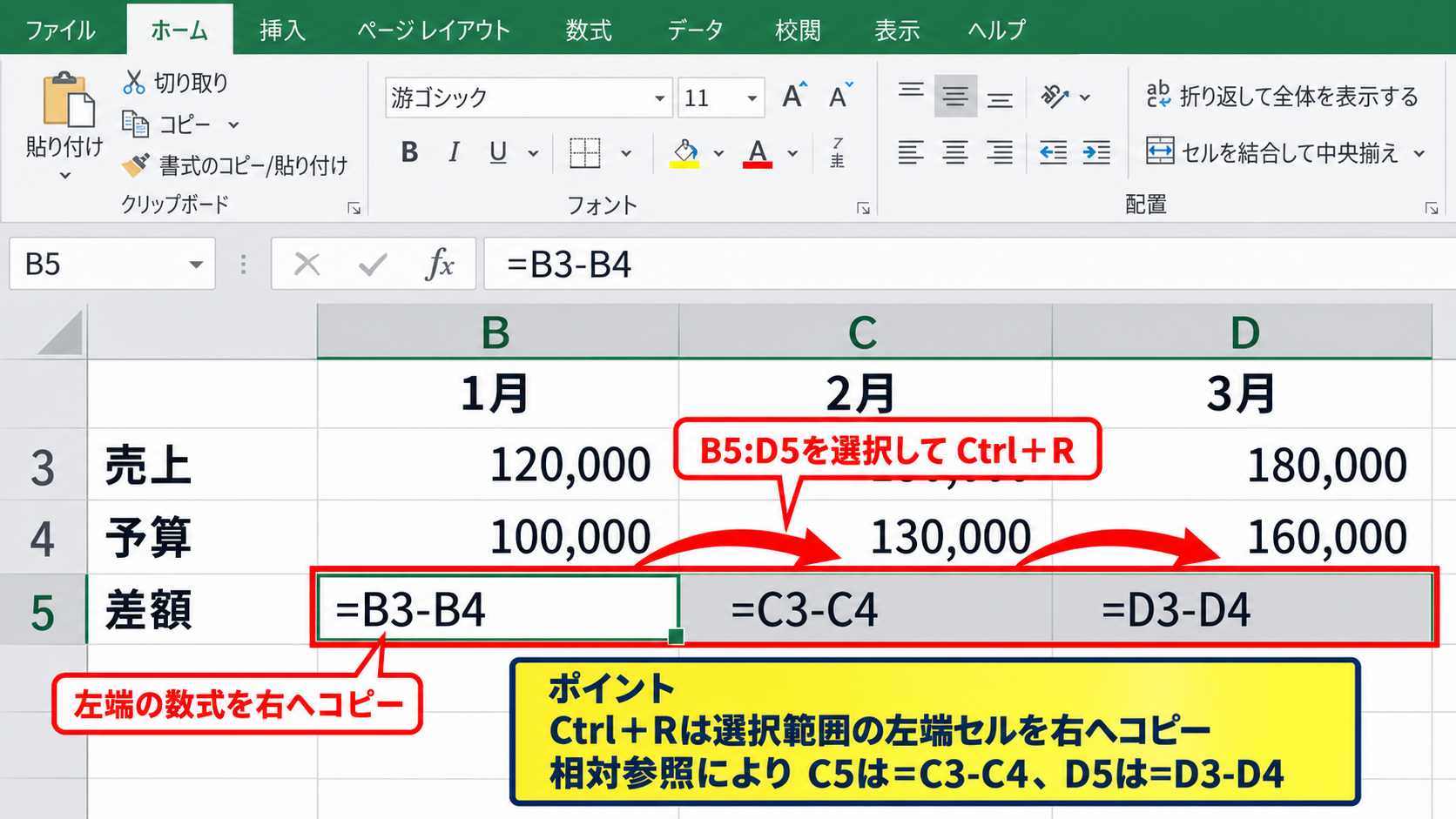 Ctrl+Rで右方向へコピーする方法 - 横に並ぶ月別データへの数式コピー