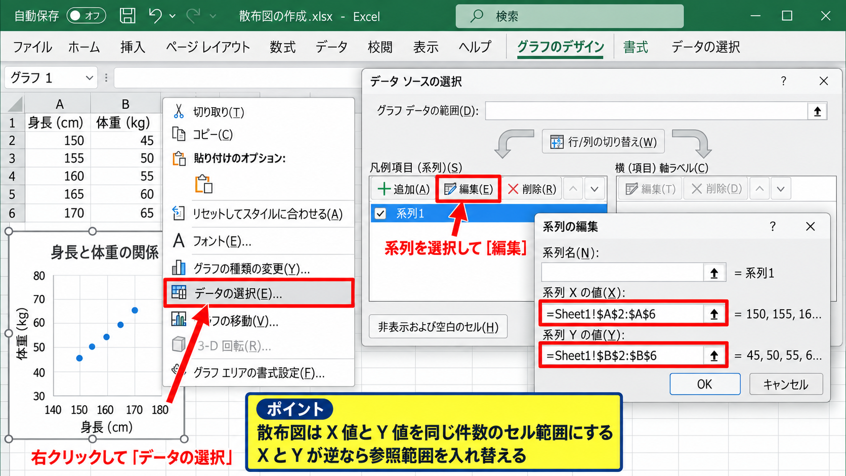 X軸とY軸の指定と修正 - データの選択画面