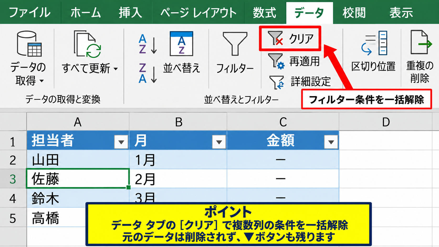 データタブからフィルターをクリアする方法 - データタブのクリアボタン