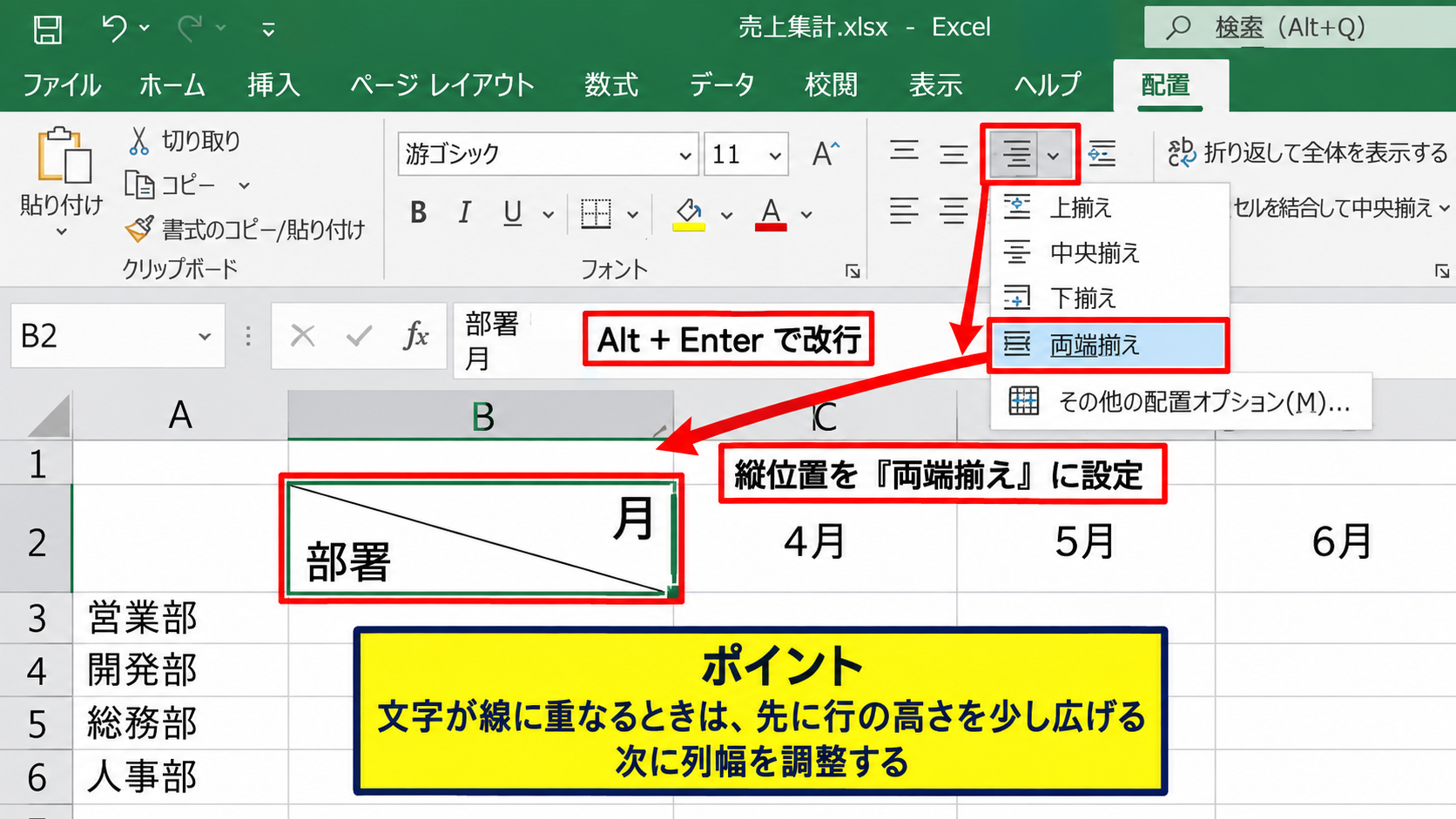 斜め線の向きと見出し文字の配置 - 左上から右下へ引く場合の文字配置