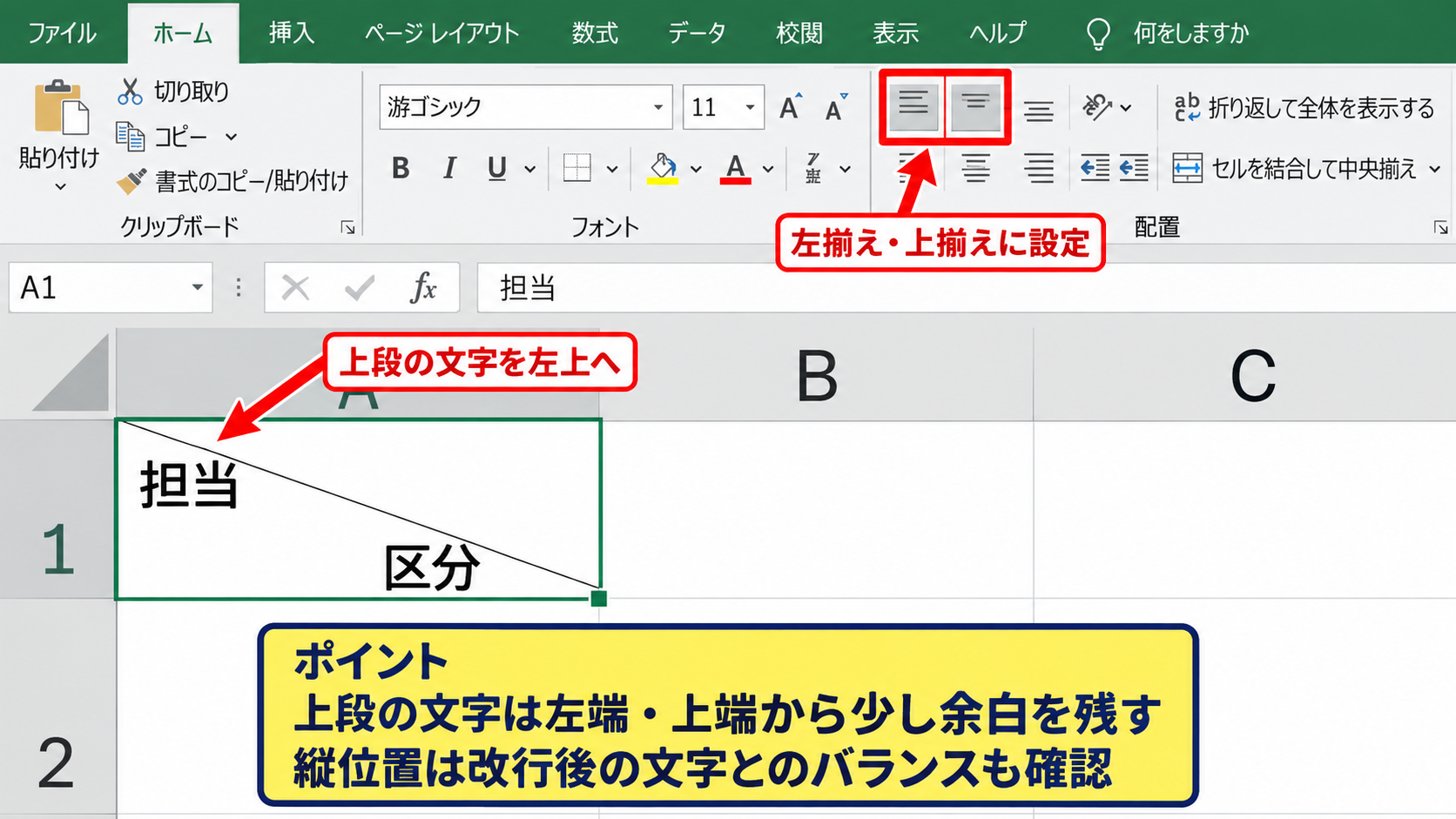 空白と改行を使った文字位置の調整 - 上段を左上へ寄せる入力方法