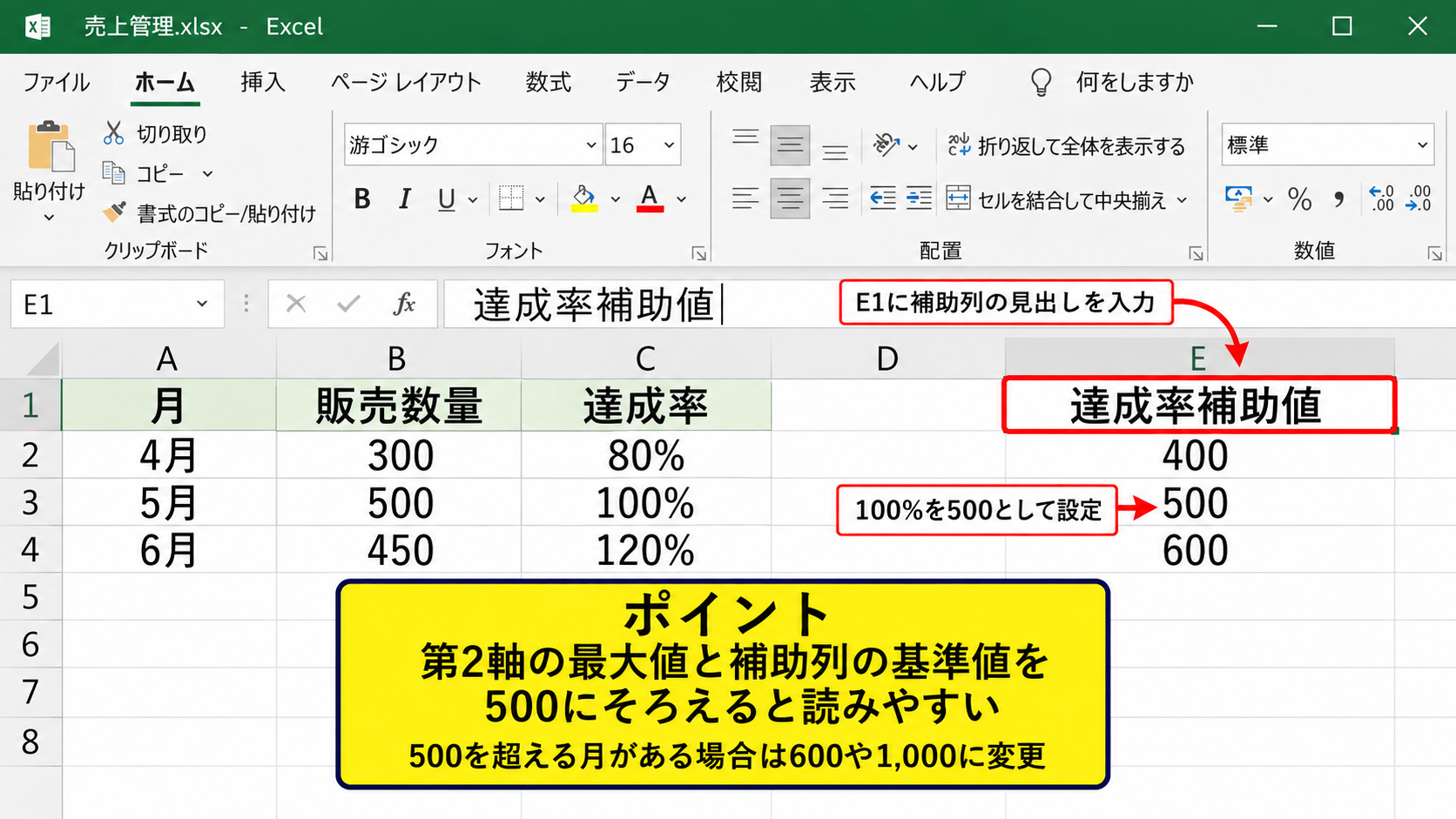 補助列を使った達成率の変換 - 補助列の見出しと基準値の設定