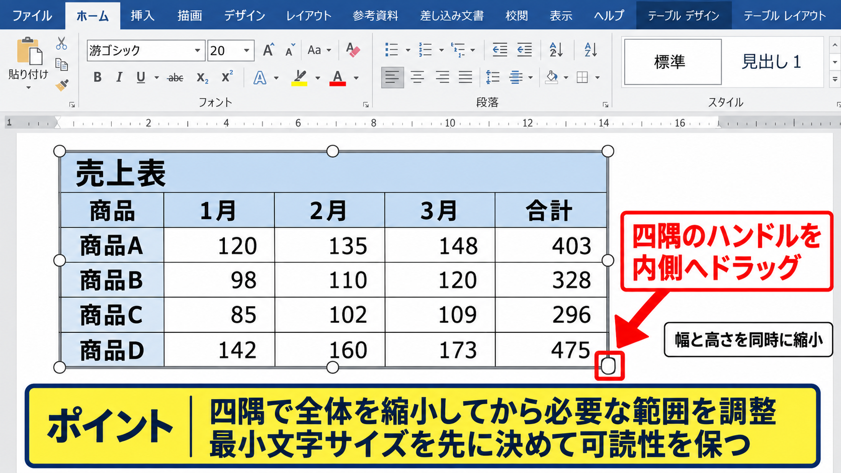 パワーポイント上で表のサイズを調整する方法 - 四隅のハンドルで比率を保つ操作