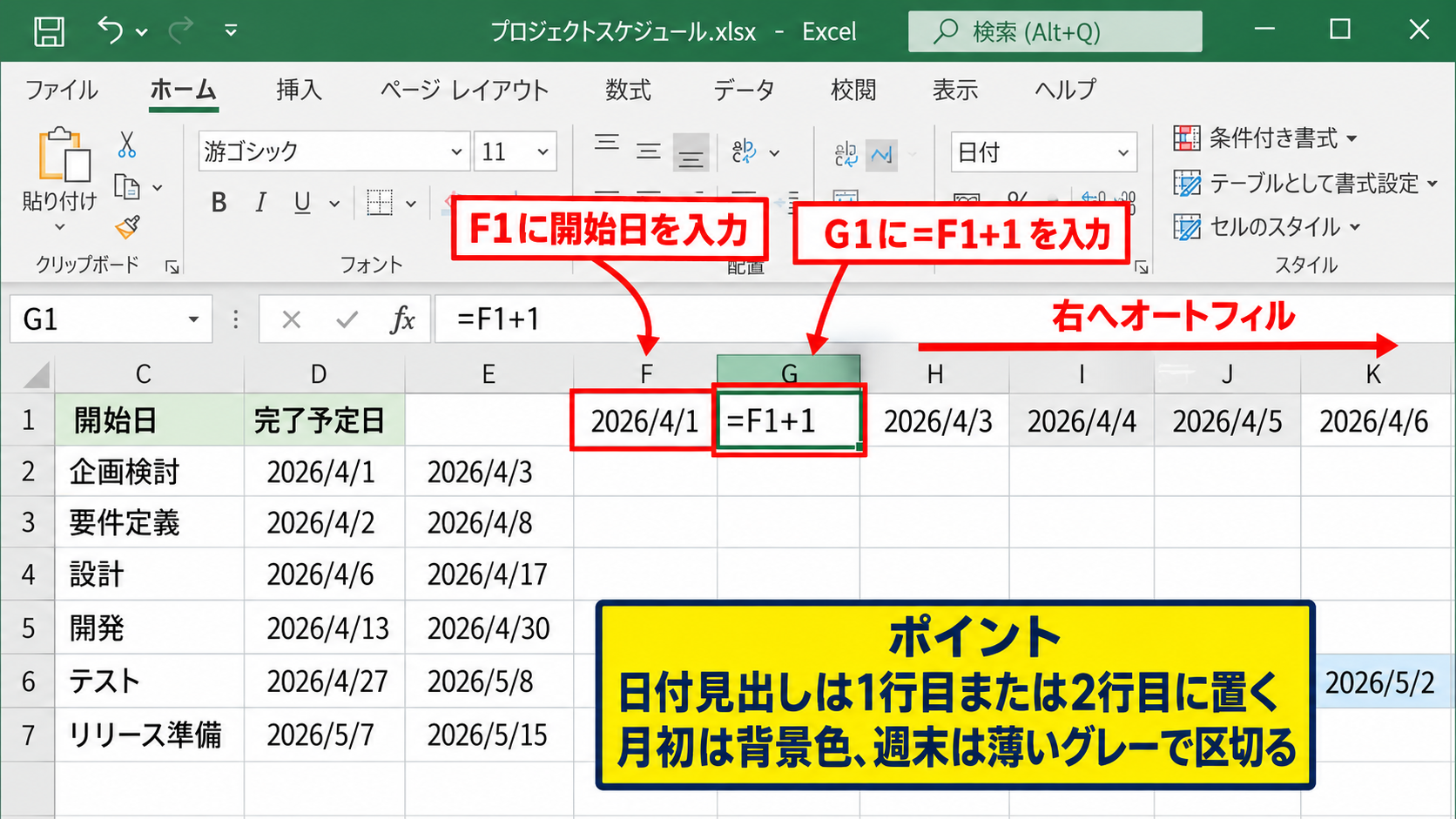 ガントチャート形式の工程表作成 - 日付見出しの作成