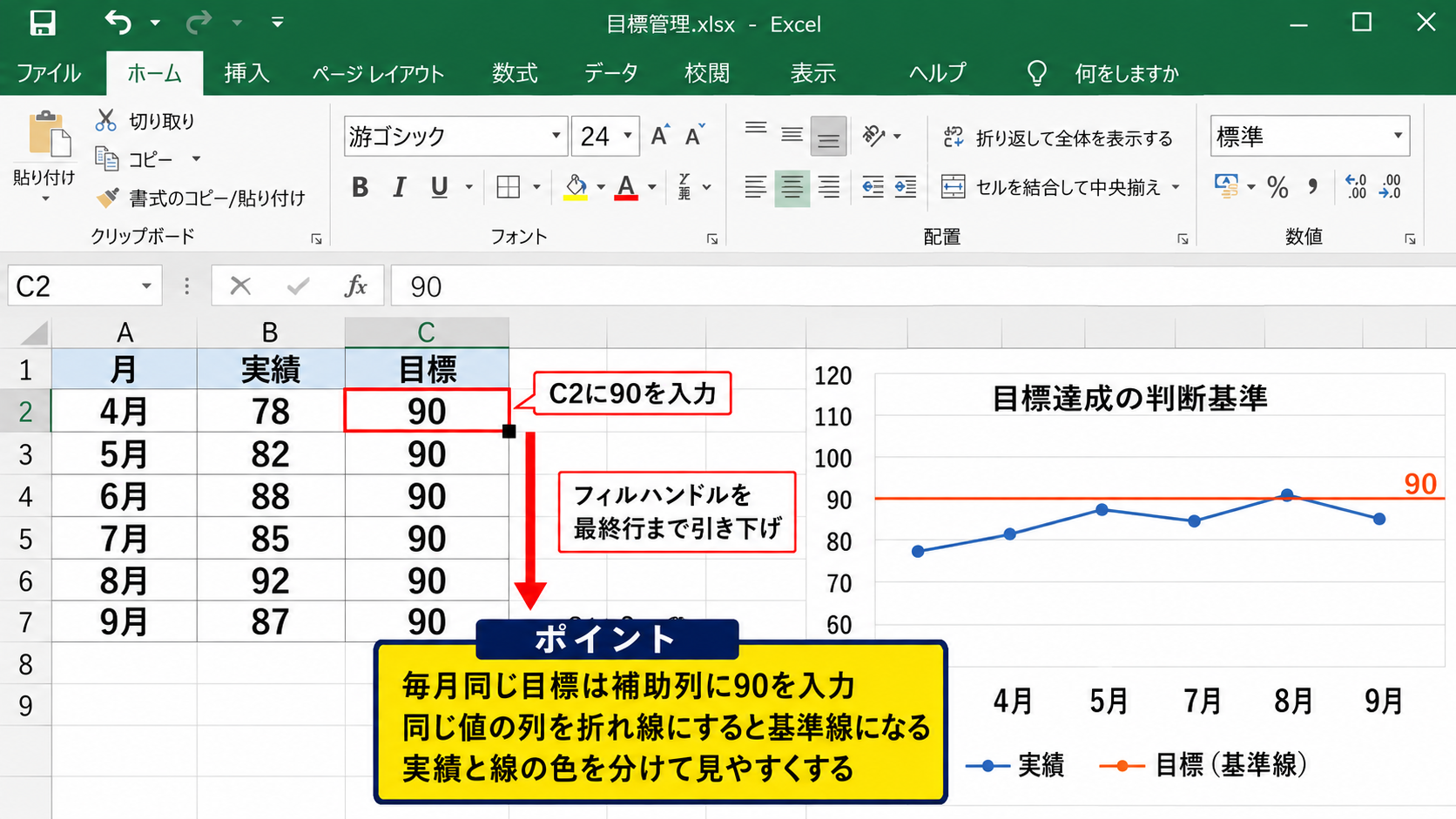 目標値を示す基準線の追加方法 - 固定値を入力する基準線