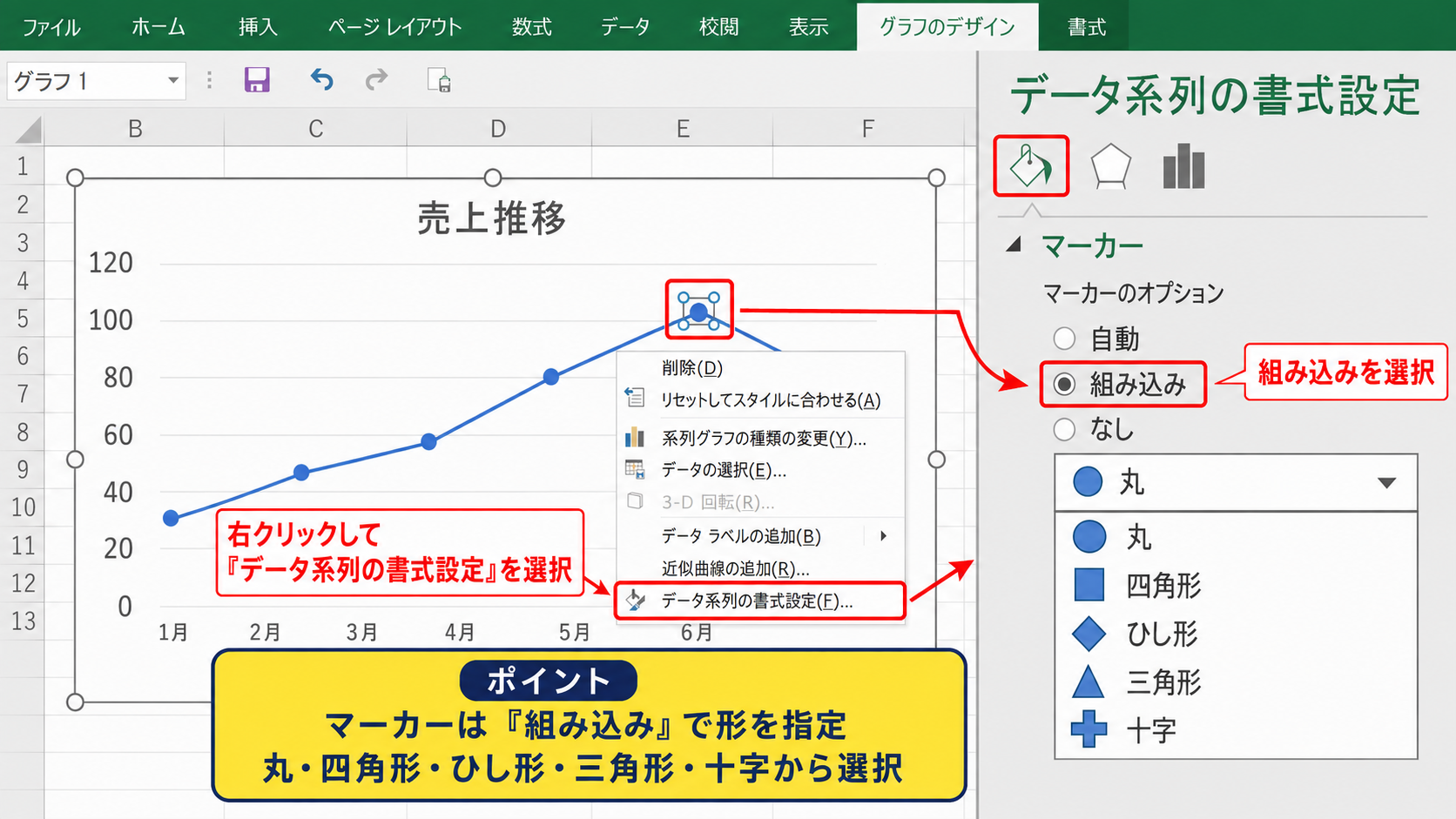 折れ線グラフの点の形と色の変更 - データ系列の書式設定