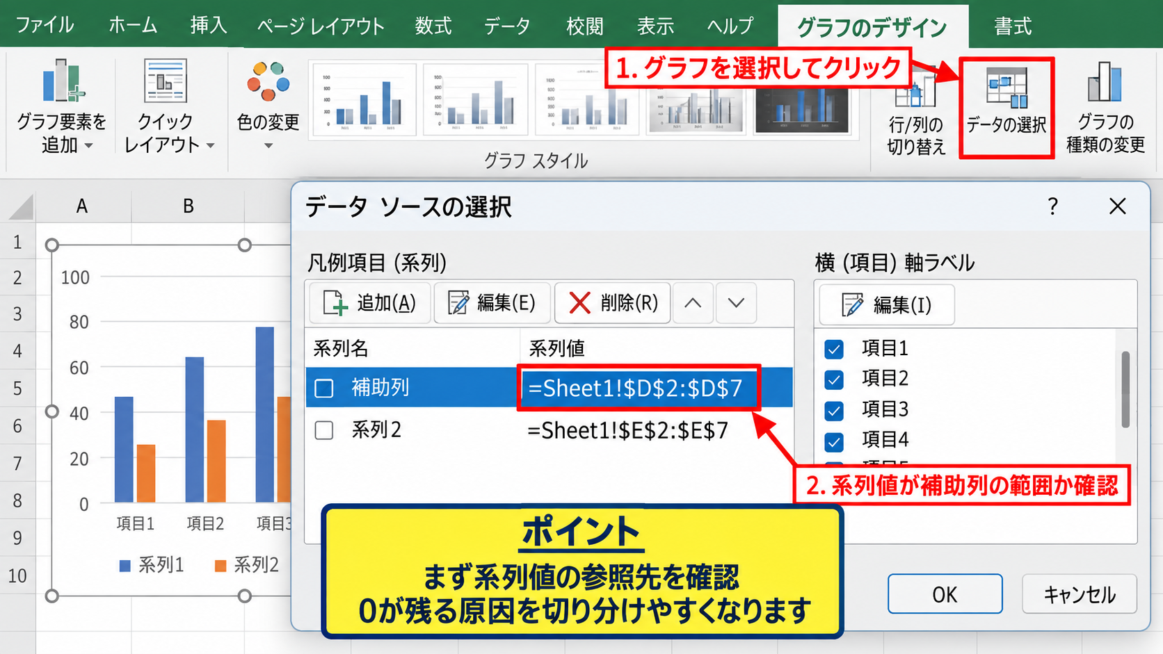 空白セルを飛ばすグラフ設定【データの選択画面】 - データの選択画面を開く手順