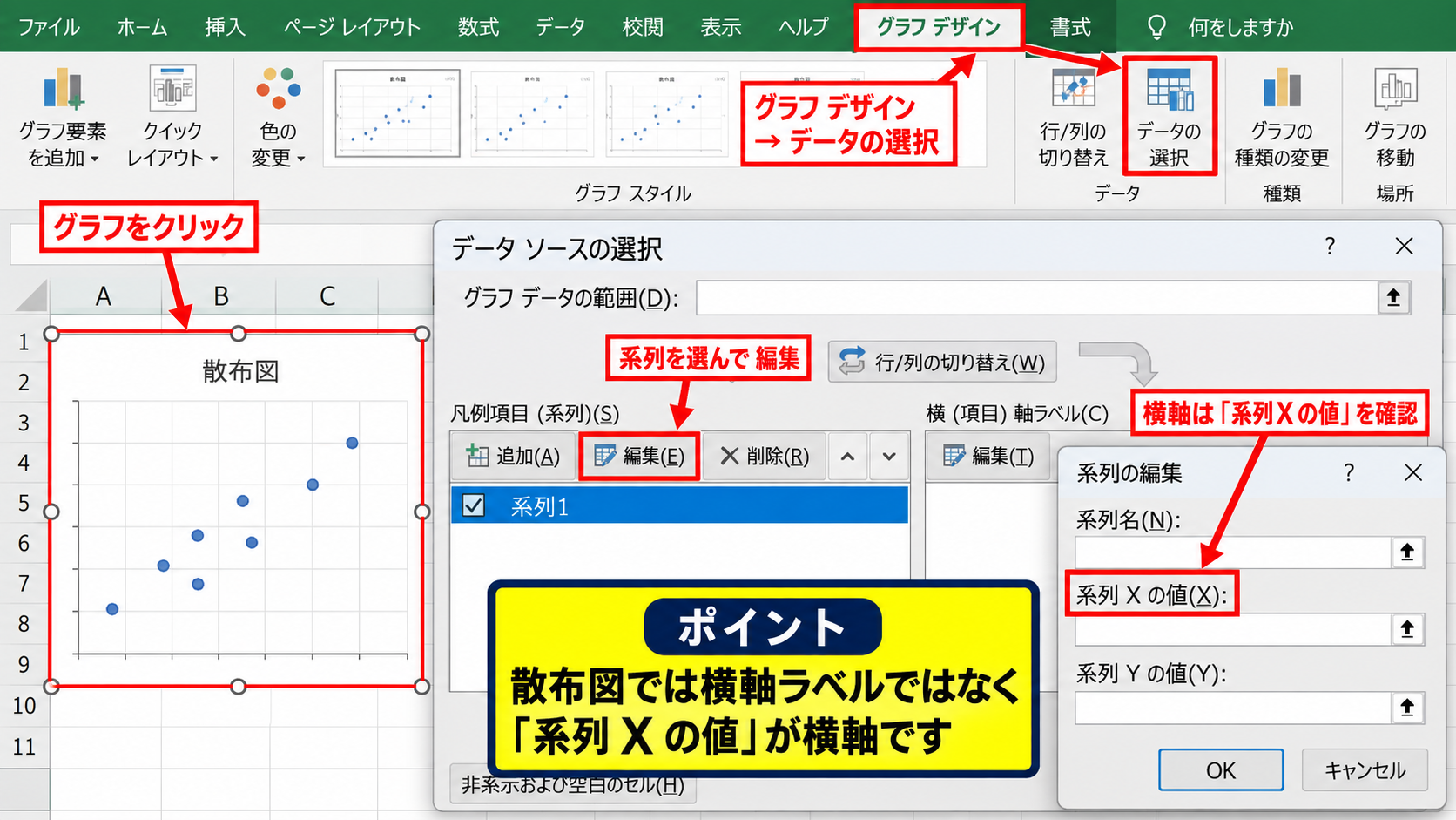 散布図のデータ範囲を指定する方法【横軸と縦軸を設定】 - グラフのデータ選択画面