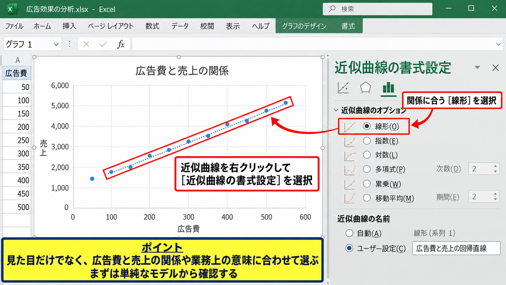 近似曲線の数式と決定係数の表示設定 - 近似曲線の書式設定画面