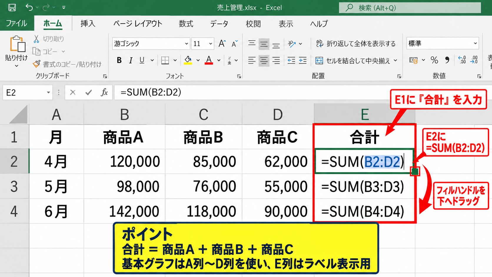 積み上げ棒グラフに合計を表示する方法 - SUM関数で合計列を作る手順