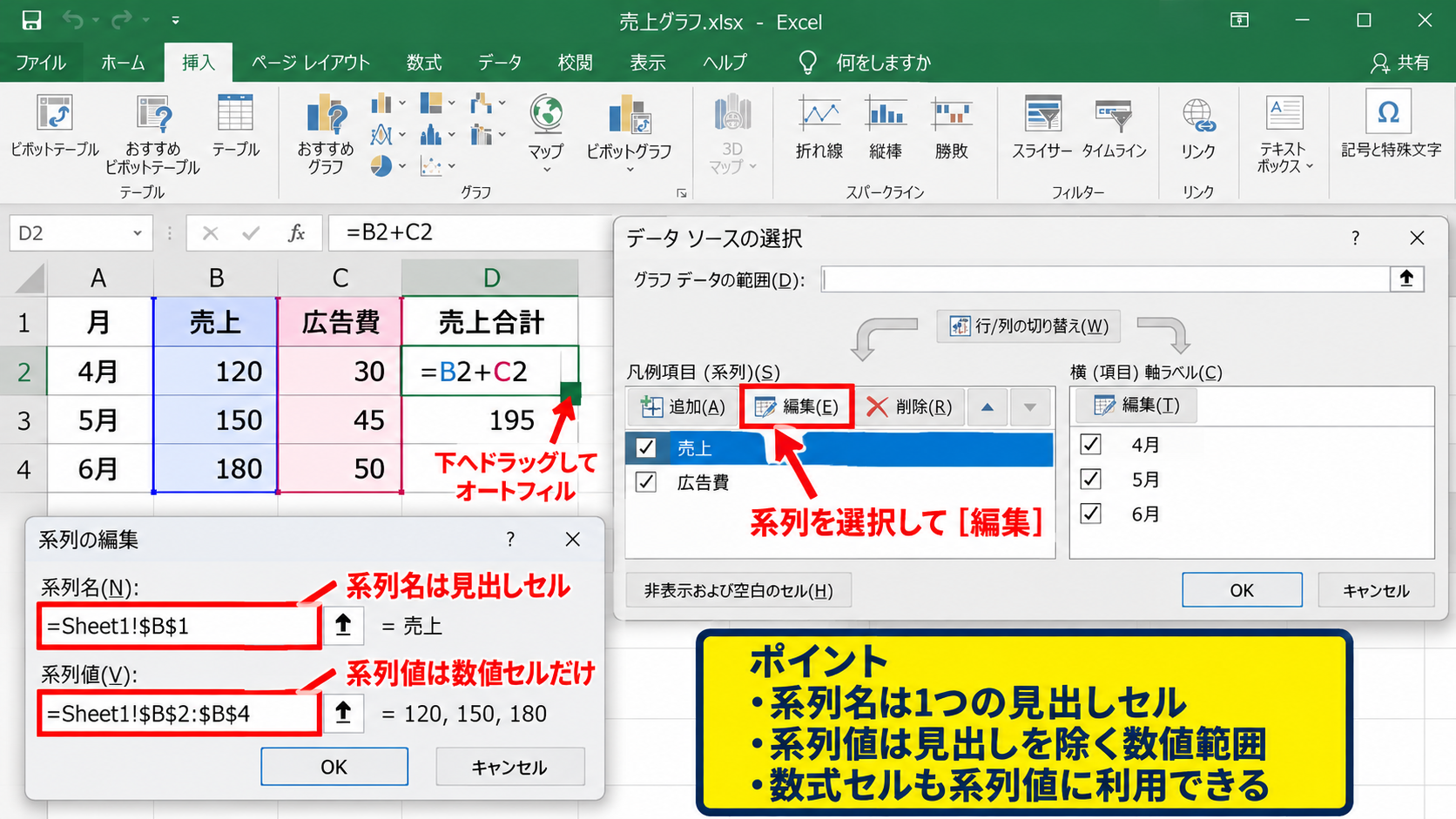 エクセルで縦軸と横軸を入れ替える方法【データの選択】 - 系列名と参照範囲の編集