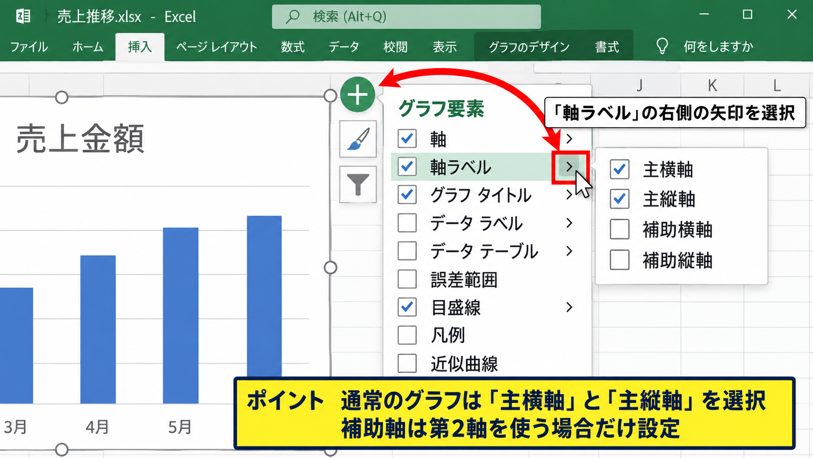 グラフ要素から横軸と縦軸を選ぶ設定 - 軸ラベル右側の矢印メニュー
