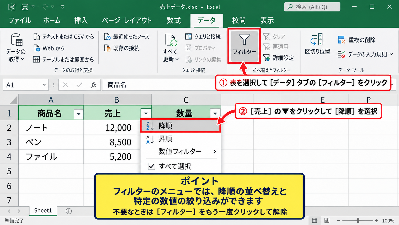 エクセルで数が多い順に並べる方法 - フィルターボタンから降順にする操作