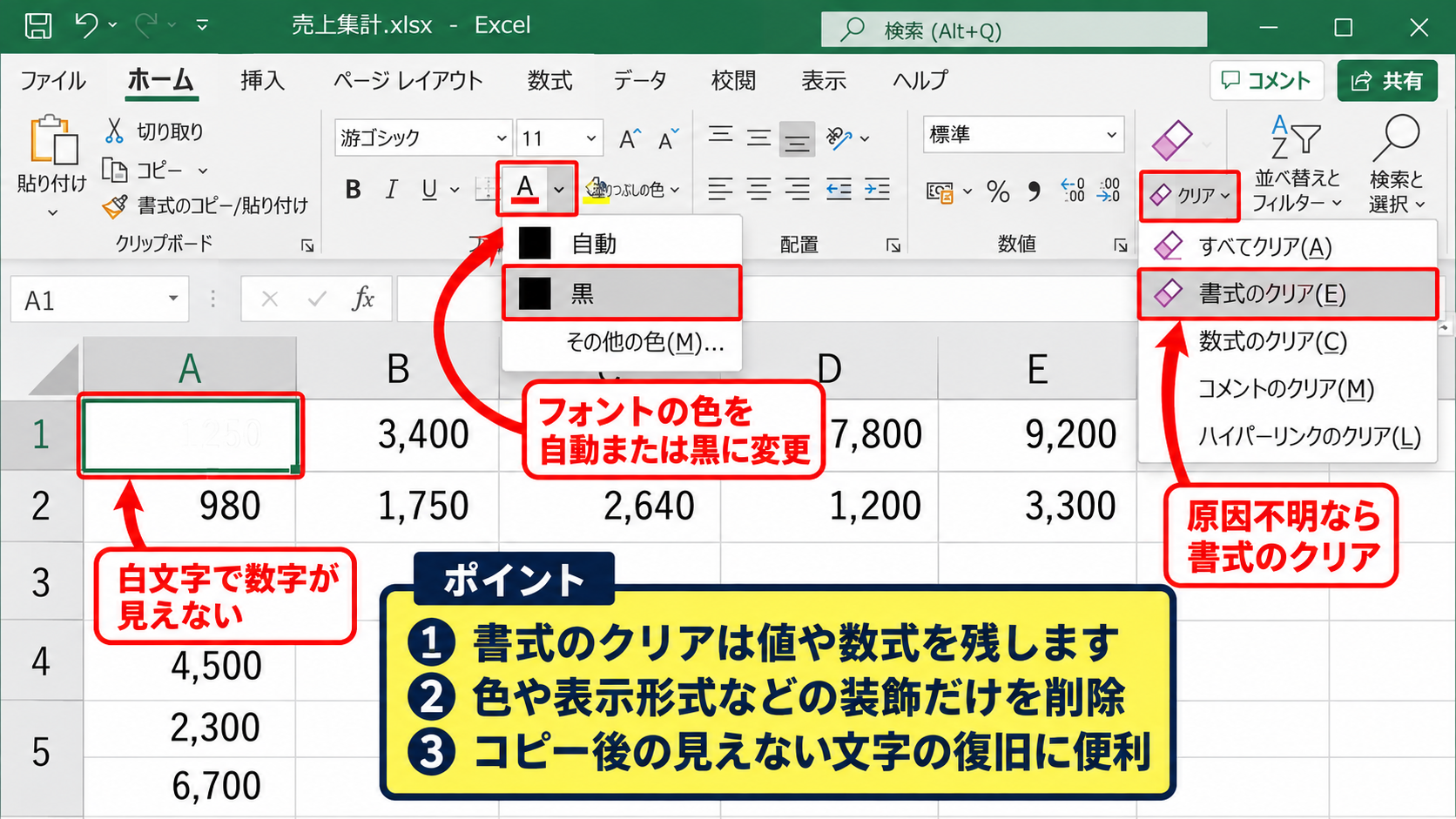 表示形式と文字色の確認 - 白文字と背景色の変更