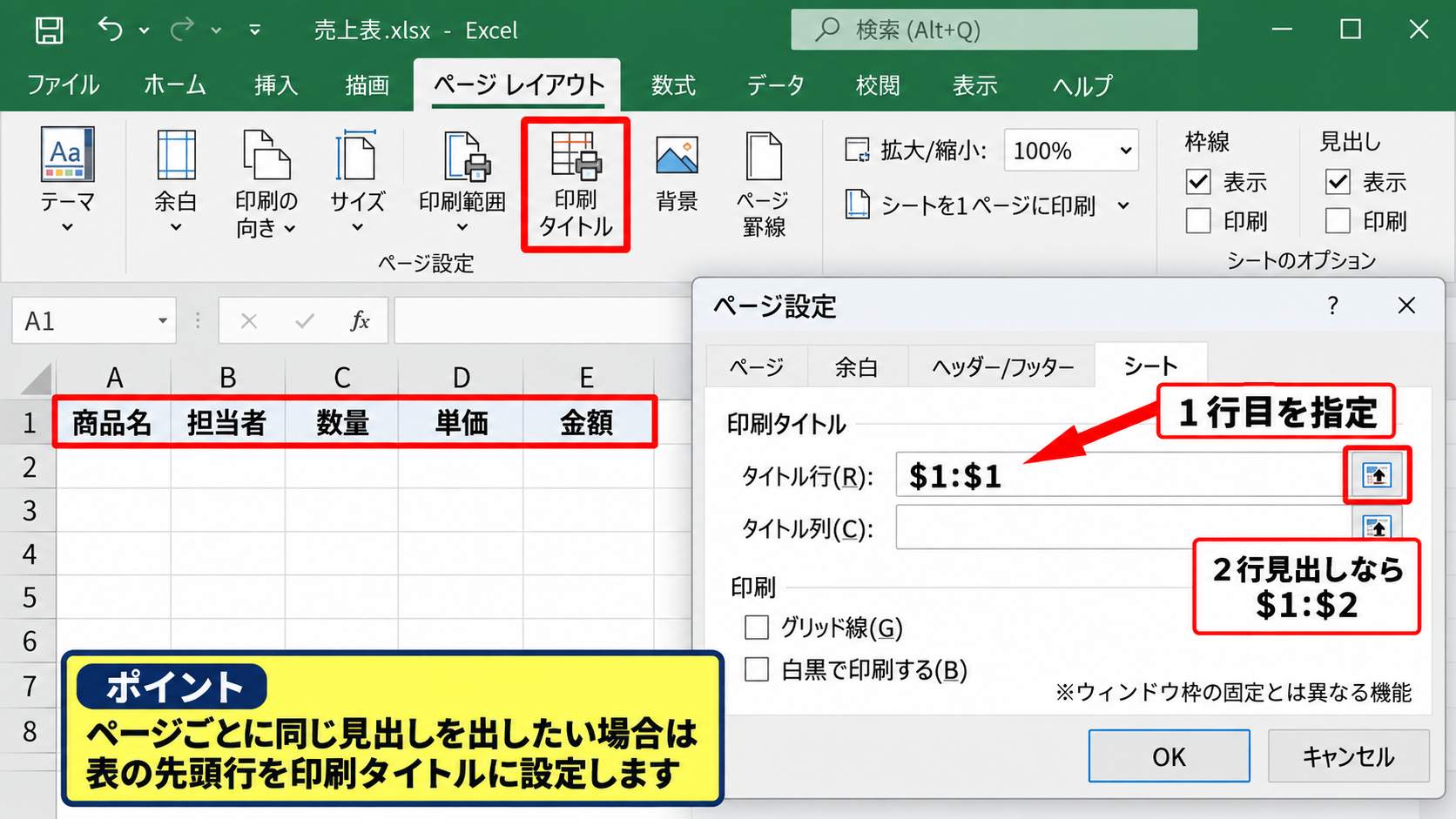 印刷範囲と改ページの調整 - 印刷タイトルによる見出しの繰り返し