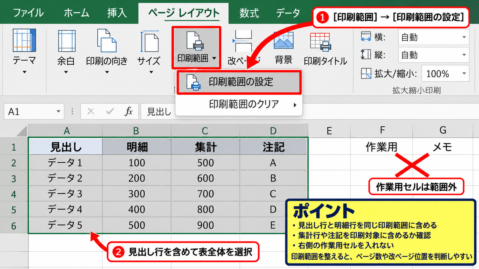 タイトル行と印刷範囲の整え方 - 印刷範囲の設定