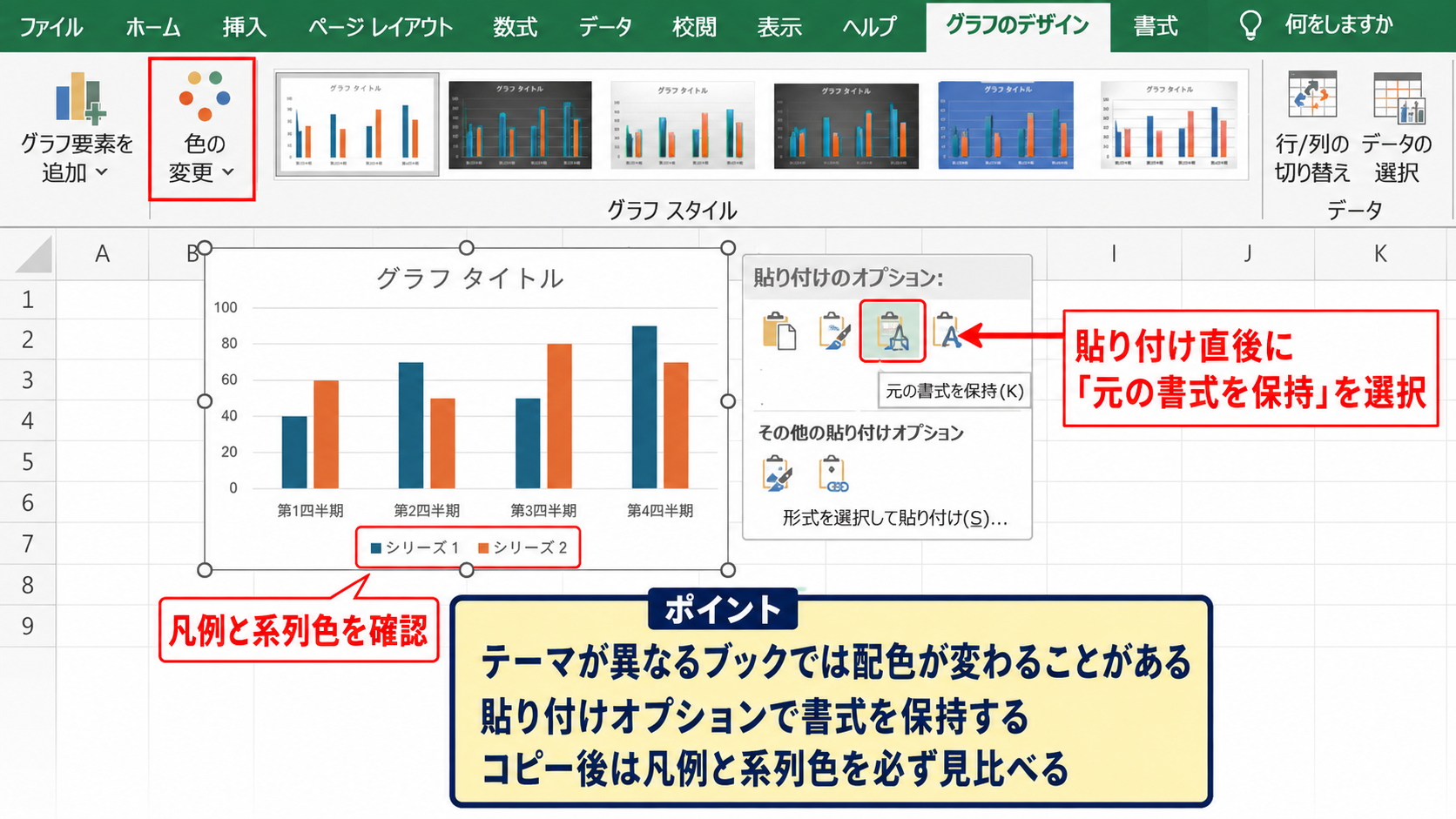 貼り付けオプションによる色とデザインの維持 - テーマが異なるブックへのコピー