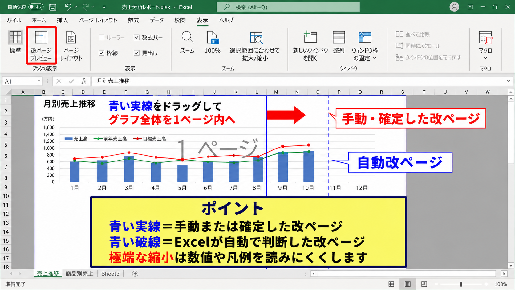 印刷範囲と改ページの調整 - 改ページプレビューによる分割位置の確認