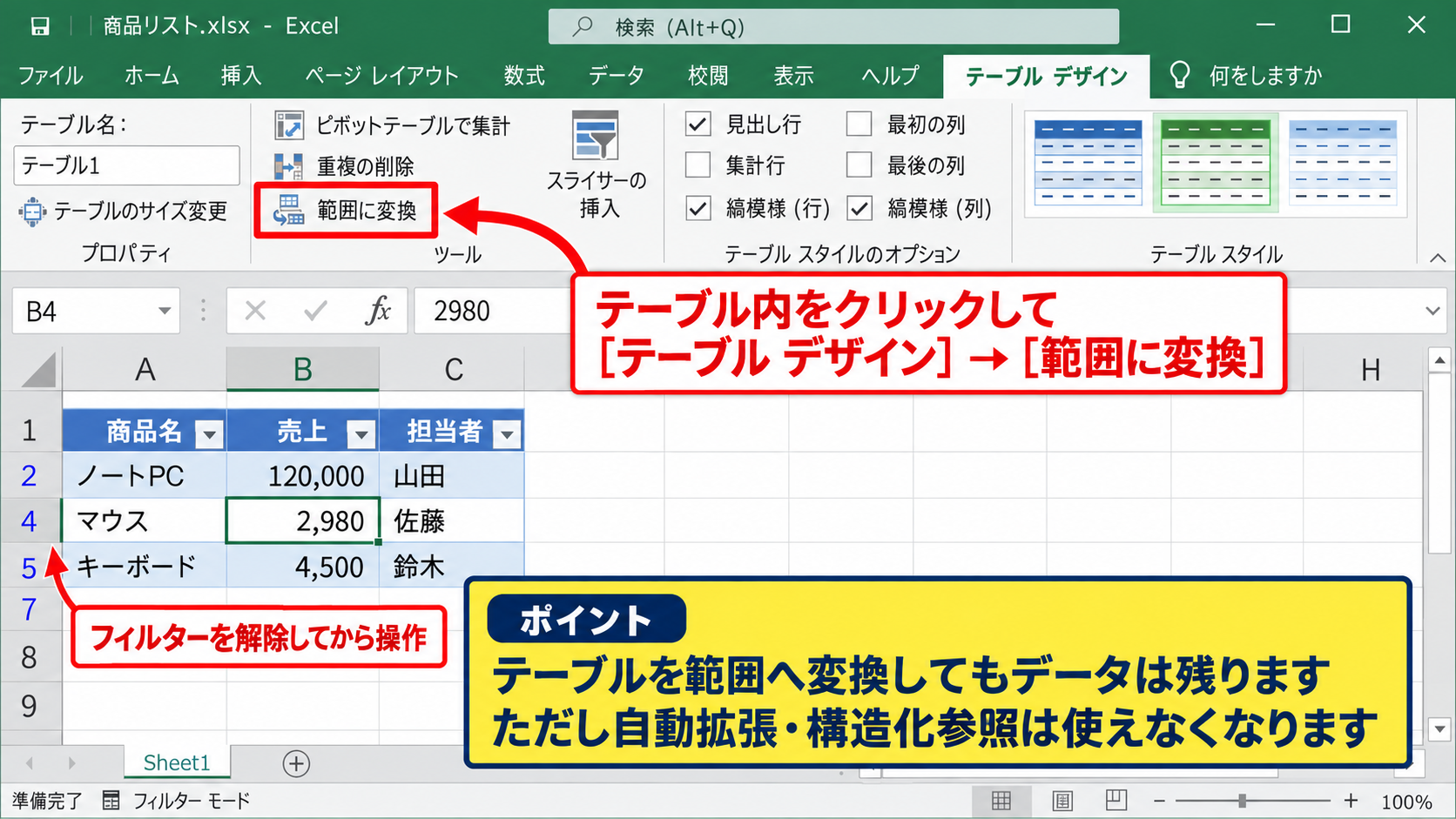 貼り付けで行列を入れ替えられない原因 - Excelテーブルとフィルターの影響