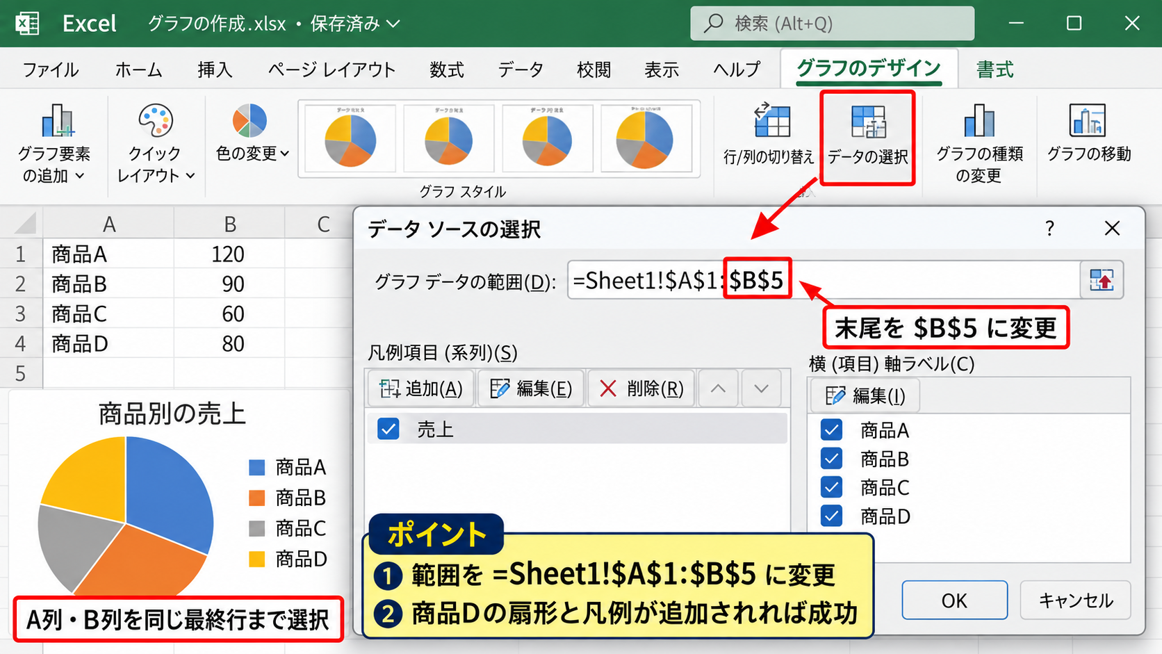 円グラフの範囲指定と項目追加 - 参照範囲を最終行まで拡張