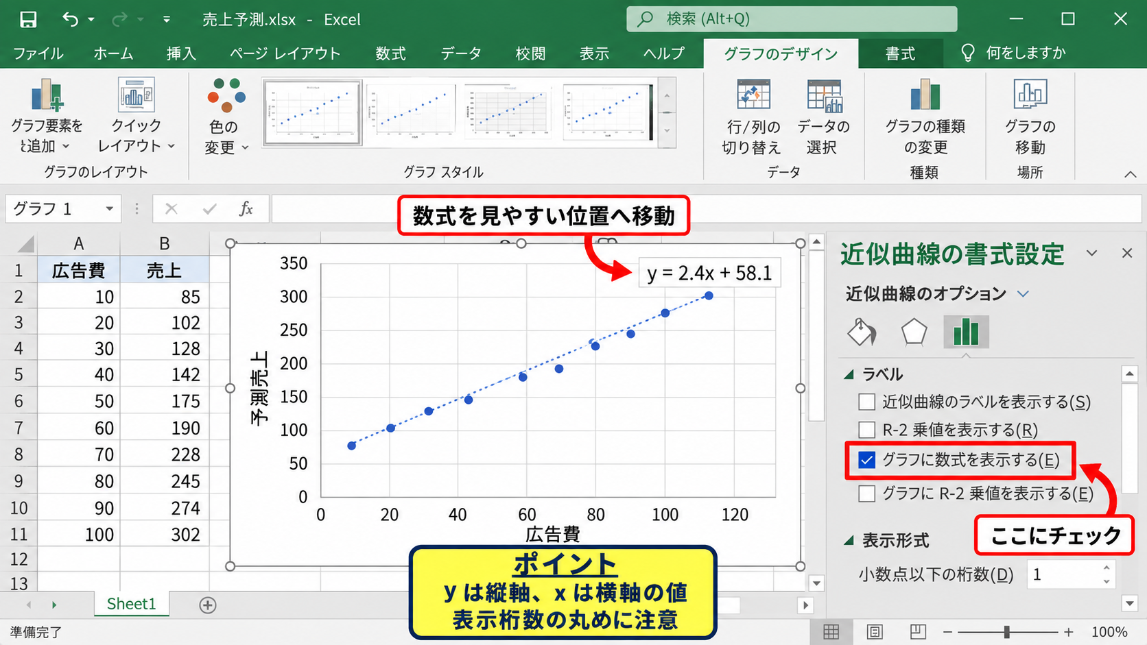 近似曲線の数式と決定係数の表示設定 - グラフ上への数式表示