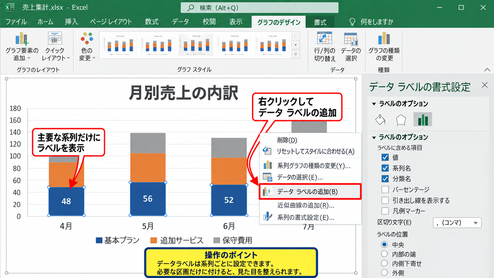 積み上げ棒グラフに合計を表示する方法 - データラベルで内訳を見せる操作