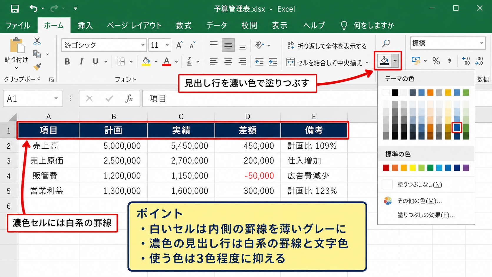 セルの塗りつぶしと文字色に合わせる配色【見やすい表のデザイン】