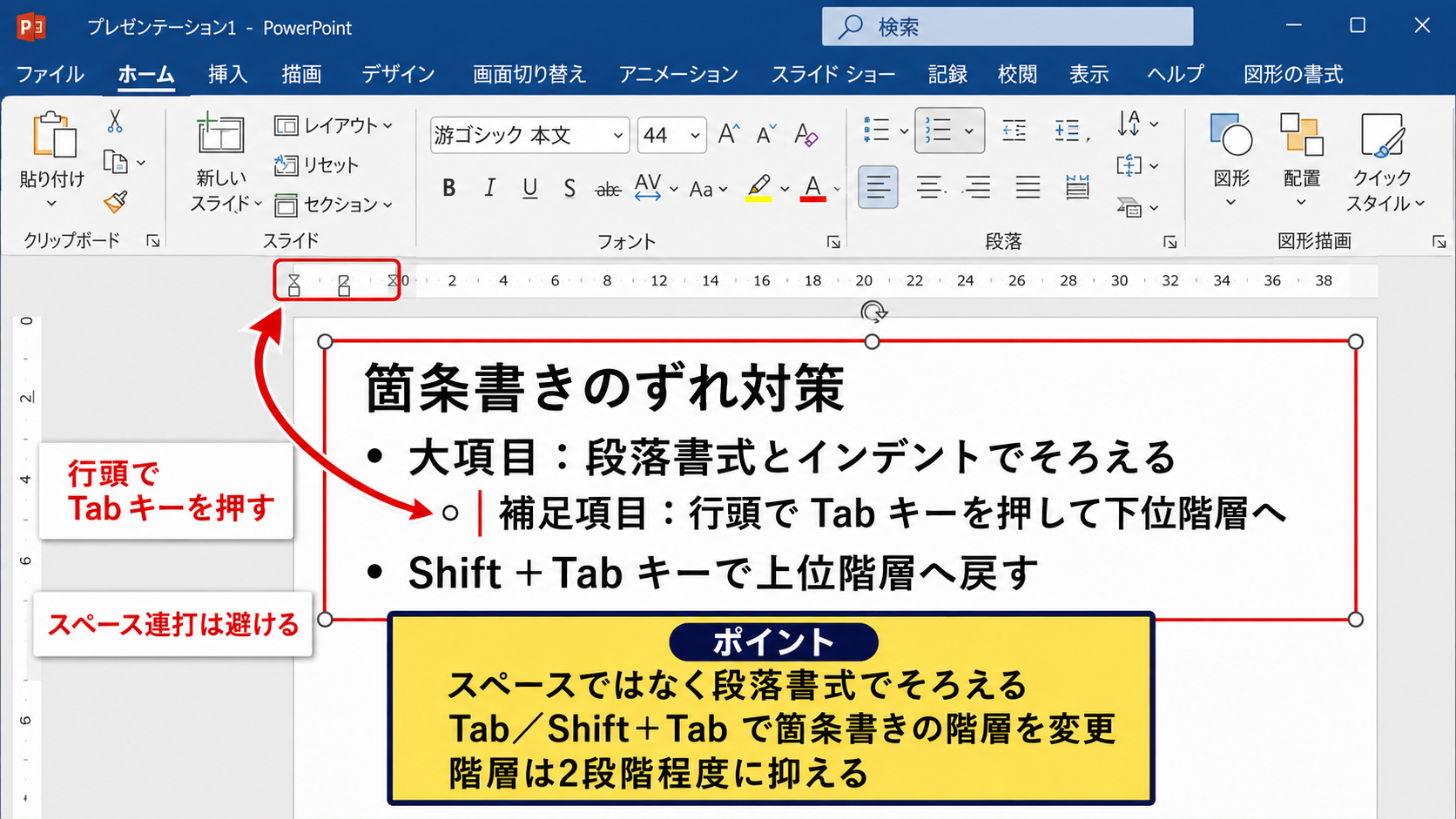 タブとスペースによる箇条書きのずれ対策