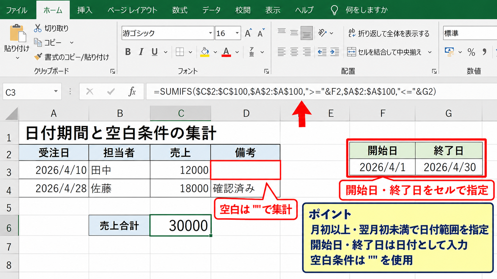 日付期間と空白条件の集計