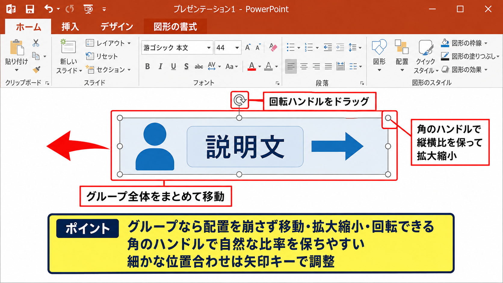 グループ化した図形や画像の移動とサイズ変更