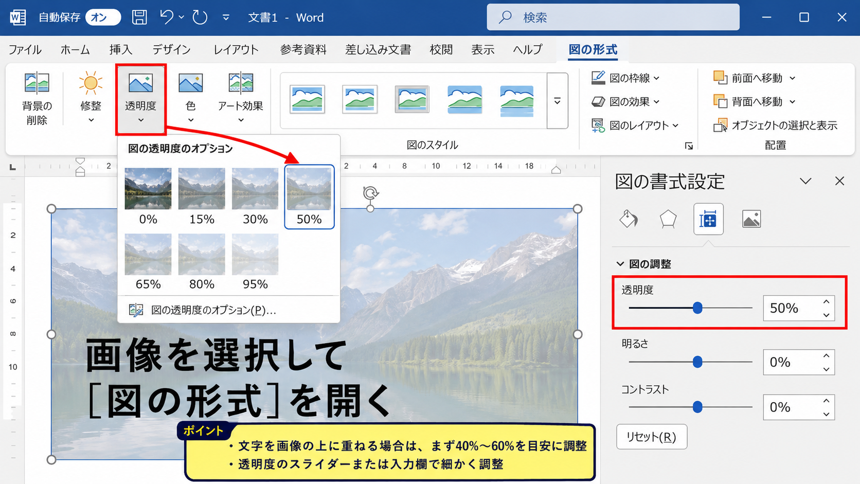画像全体を薄く見せる透明度の調整 - 図の透明度から画像を半透明にする操作