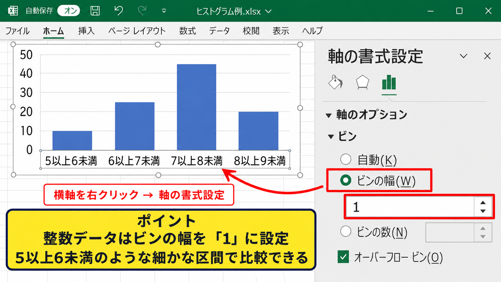 横軸を整数間隔にそろえる方法 - ビンの幅を1にする設定