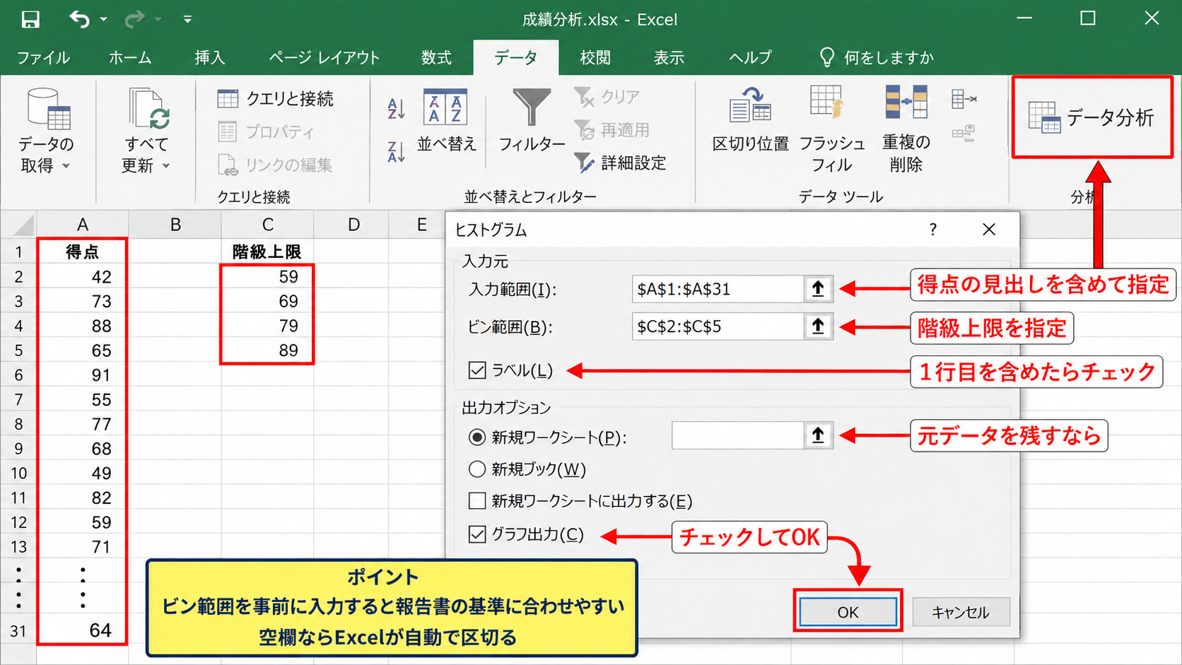 分析ツールによる分布図の作成【データ分析】 - 入力範囲とビン範囲の指定