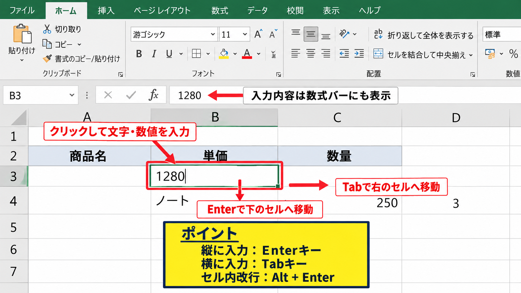 セルへの入力と確定操作 - 文字と数値の入力手順