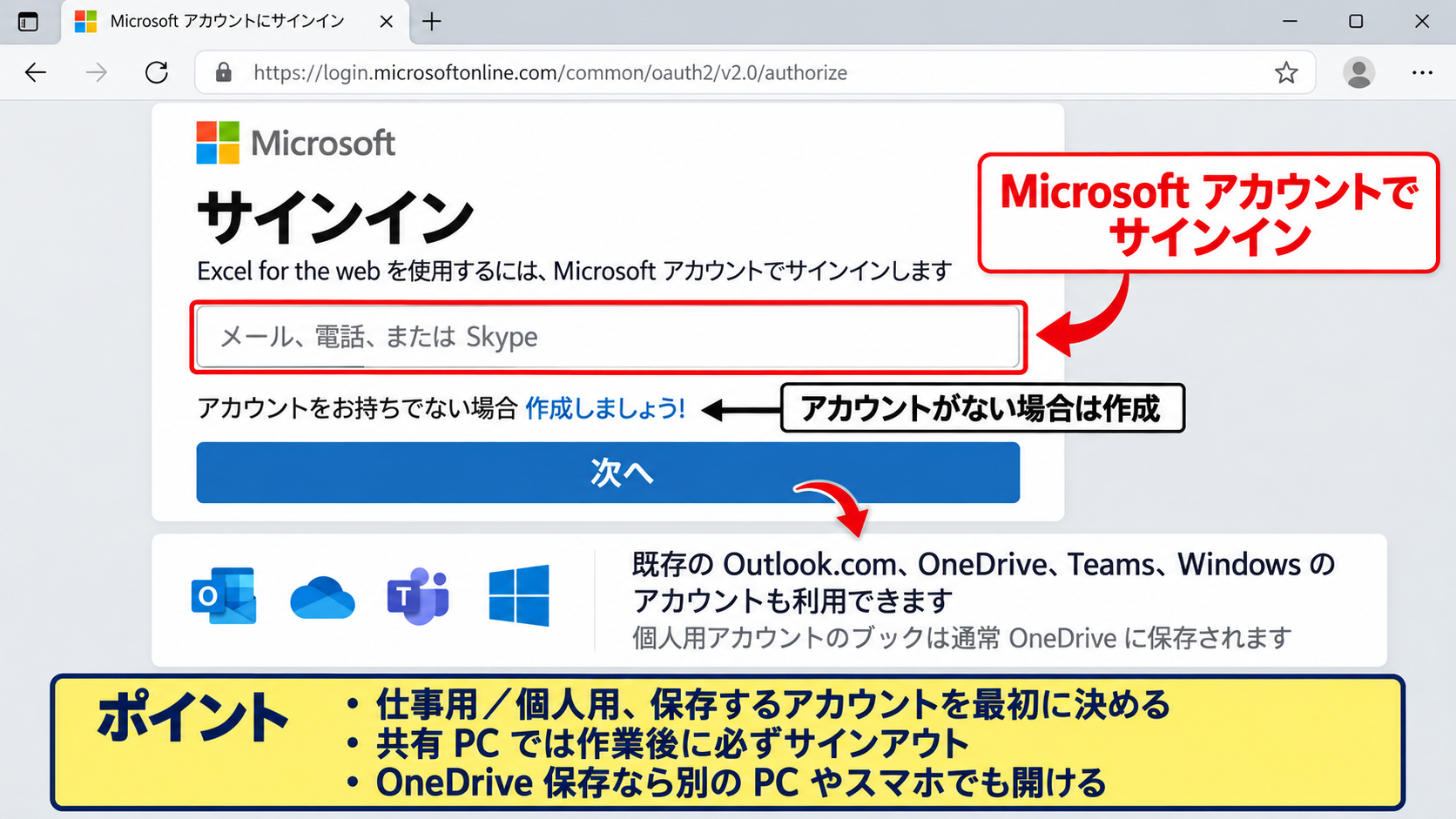 エクセルを無料で使う方法1【Web版へのサインイン】 - Microsoftアカウントの準備