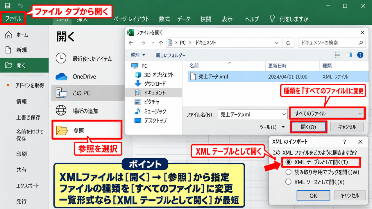 ExcelでXMLファイルを表形式で開く手順 - XMLファイルを開く操作