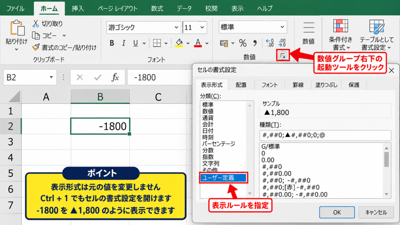 エクセルのマイナス表示を設定する方法【表示形式のユーザー定義】 - セルの書式設定を開く操作