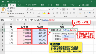 INTERCEPT関数による回帰直線の切片計算 - INTERCEPT関数の書式と引数