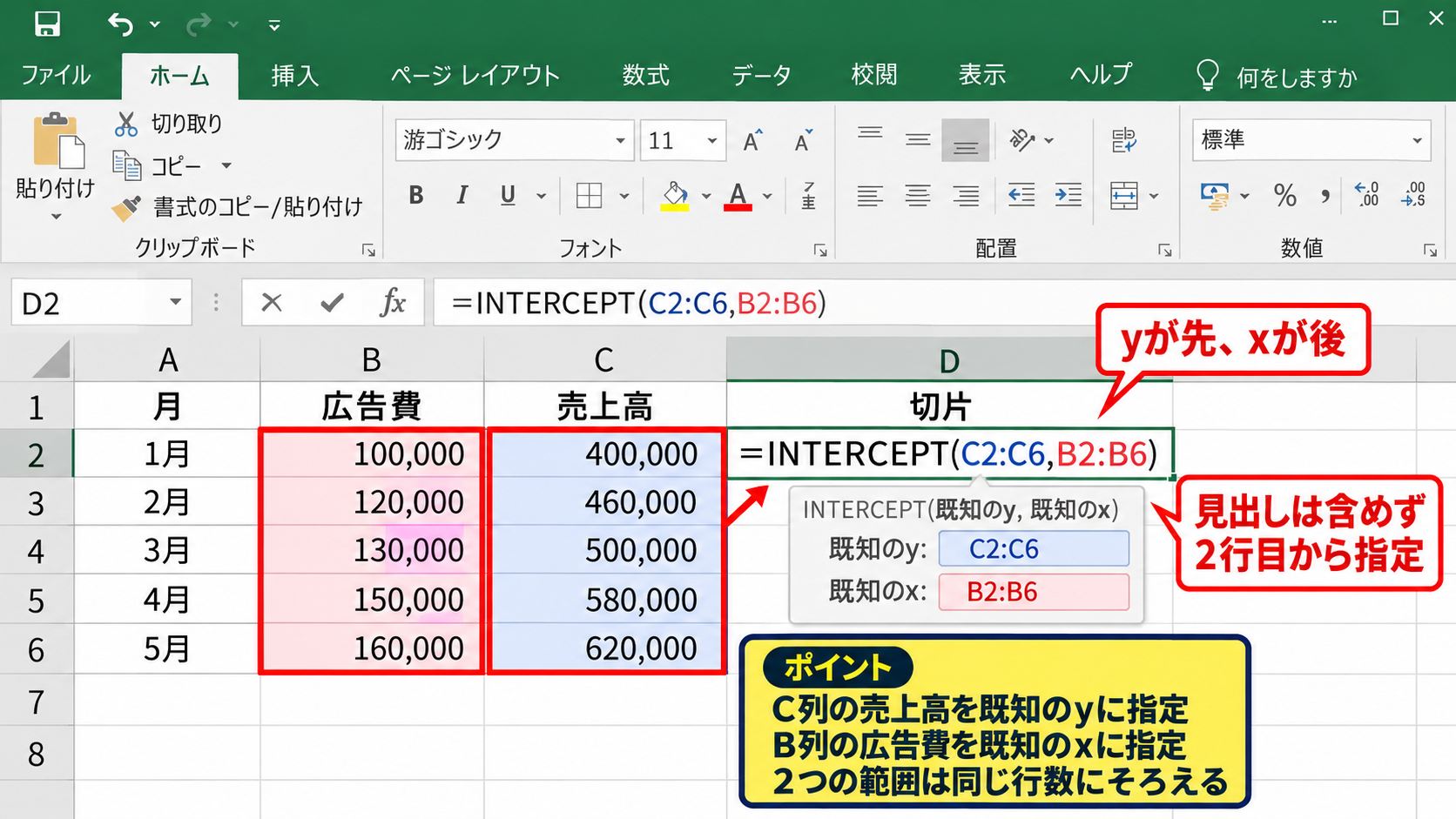 INTERCEPT関数による回帰直線の切片計算 - INTERCEPT関数の書式と引数