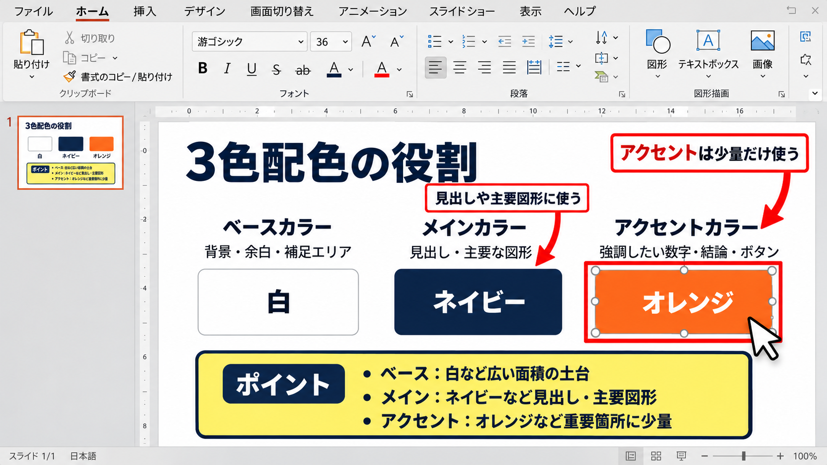 パワポを3色でおしゃれに見せる配色の基本 - ベースカラー・メインカラー・アクセントカラーの役割