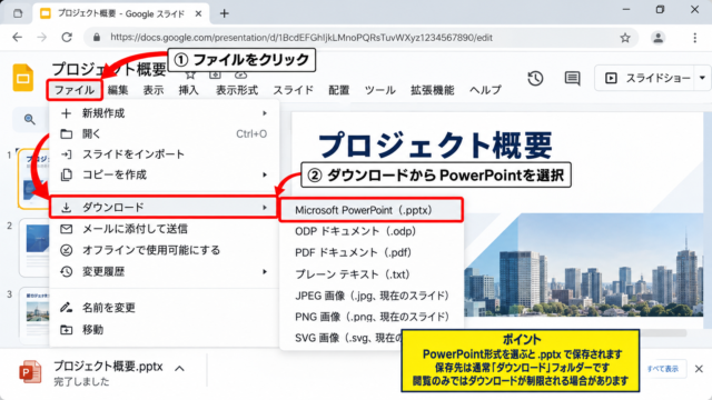 GoogleスライドからPowerPoint形式で保存する操作 - ファイルメニューからのダウンロード手順