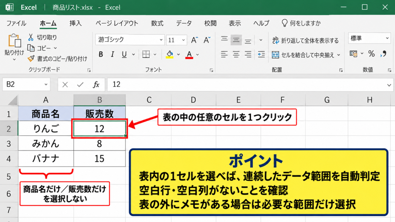 エクセルで項目を多い順に並べ替える方法 - 表の中のセルを選択する操作