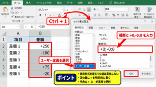 エクセルでプラス・マイナス記号を付ける方法【表示形式の設定】 - ユーザー定義の表示形式